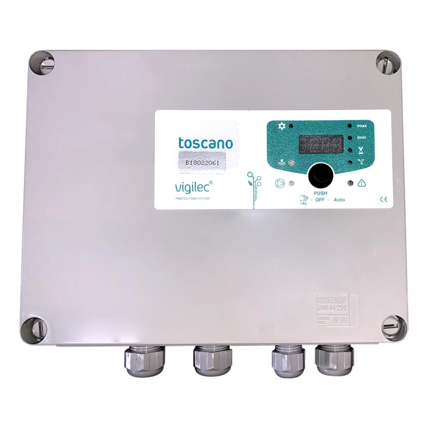 Coffret de commande 400V - 12A protection et contrôle de niveau.