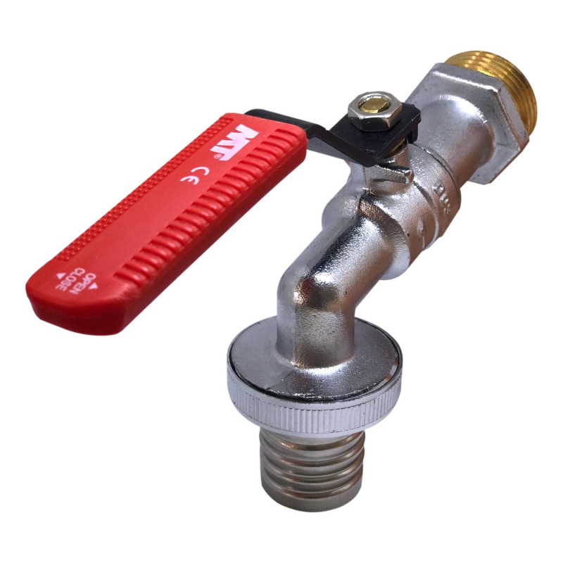 Robinet de puisage nickelé à sphère poignée acier rouge 3/4'' - Tétine Ø20