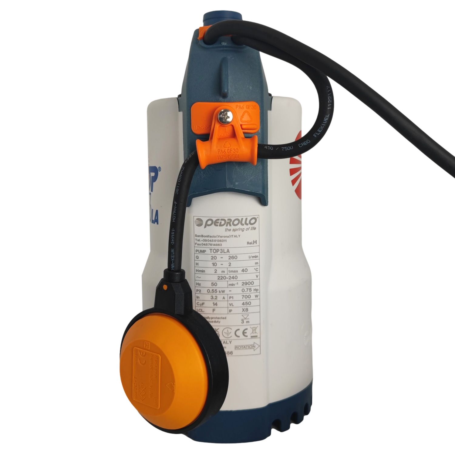 Pompe de Relevage Pedrollo TOP 3 LA Eaux Salées Flotteur intégré 220v 9.6 m3/h 0.55 kW