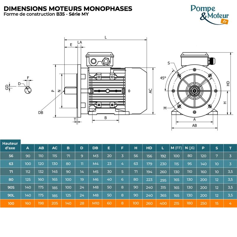 Moteur électrique 220V 3 kW 3000 tr/min Condensateur Permanent - MY100L2B35 Bride B35