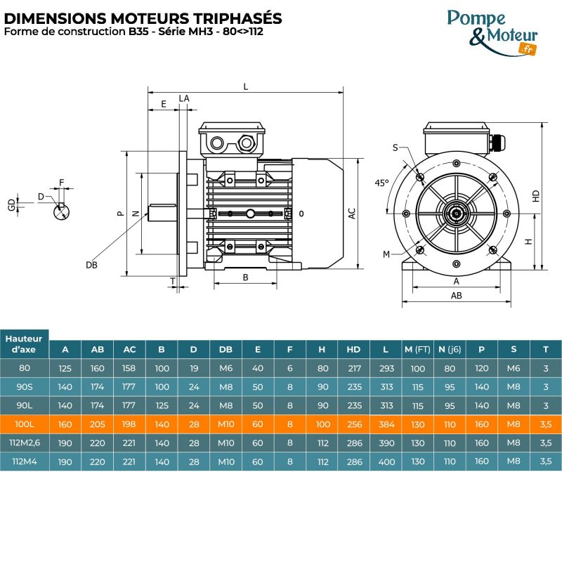 Moteur électrique triphasé 230/400V 3 kW 3000 tr/min - MH3100L2B35 Alu Bride B35