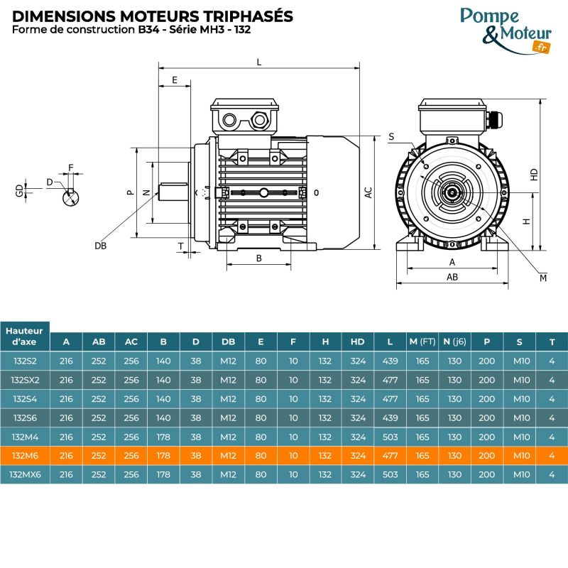 Moteur électrique triphasé 230/400V 4 kW 1000 tr/min - MH3132M6B34 Alu Bride B34