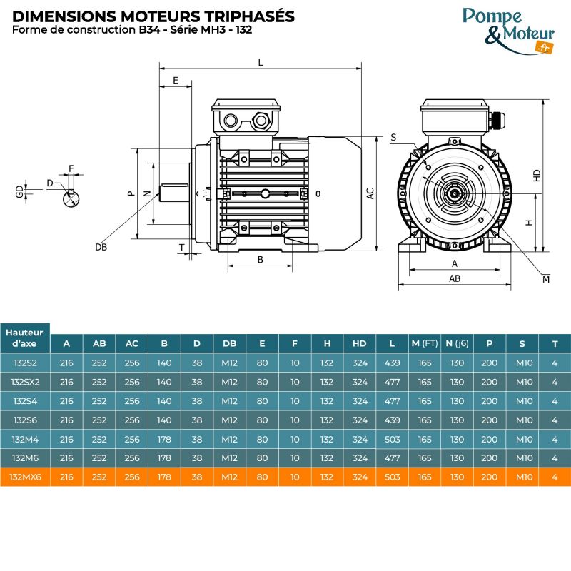 Moteur électrique triphasé 230/400V 5.5 kW 1000 tr/min - MH3132MX6B34 Alu Bride B34
