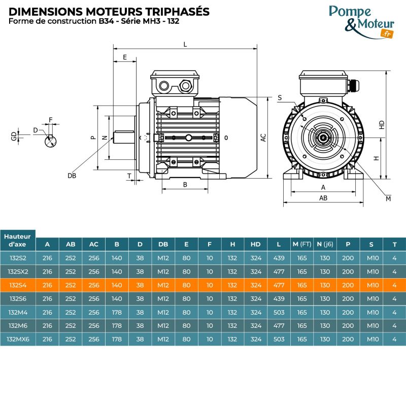 Moteur électrique triphasé 230/400V 5.5 kW 1500 tr/min - MH3132S4B34 Alu Bride B34