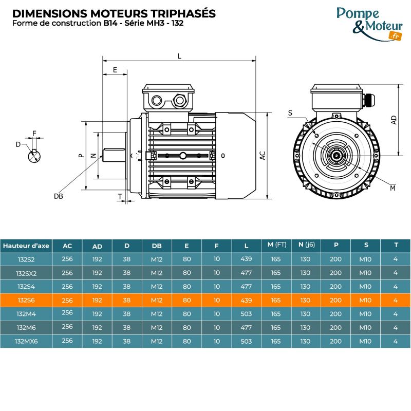 Moteur électrique triphasé 230/400V 3 kW 1000 tr/min - MH3132S6B14 Alu Bride B14