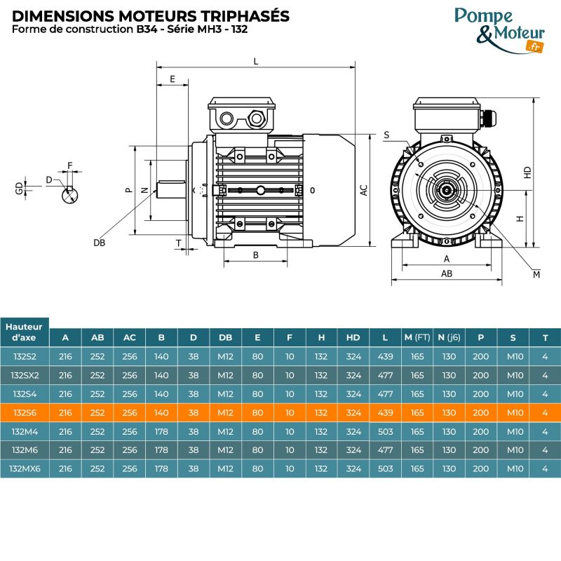 Moteur électrique triphasé 230/400V 3 kW 1000 tr/min - MH3132S6B34 Alu Bride B34