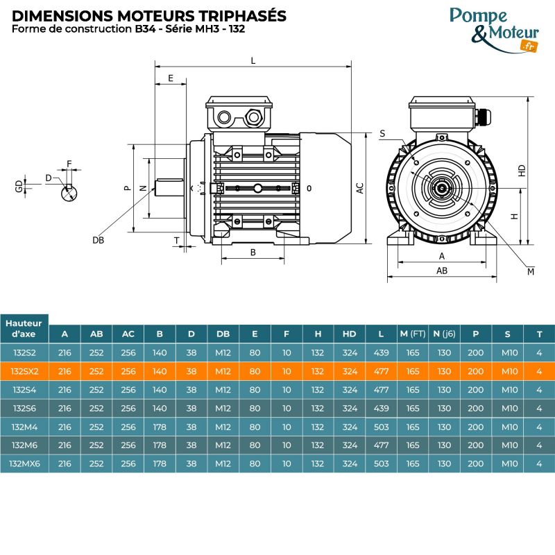 Moteur électrique triphasé 230/400V 7.5 kW 3000 tr/min - MH3132SX2B34 Alu Bride B34