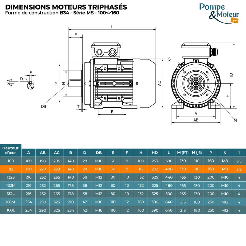 Moteur électrique 230/400V 2,2 kW 1000 tr/min - MS112M6B34 Bride B34