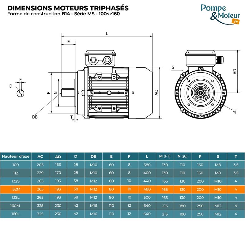 Moteur électrique 400/700v 4 kW 1000 tr/min- MS132M164B14 Bride B14