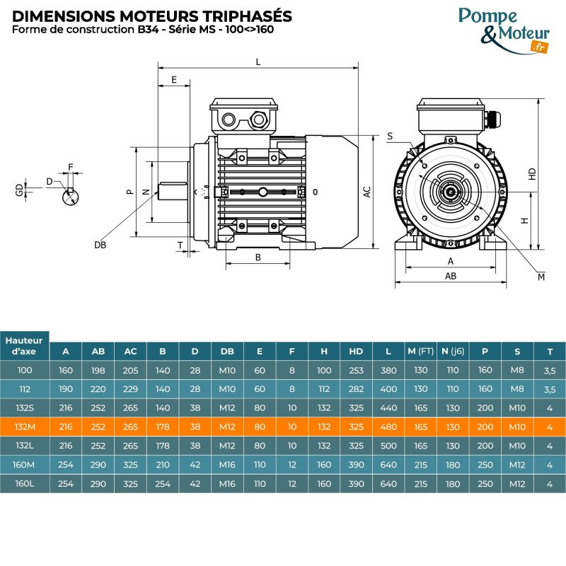 Moteur électrique 400/700v 9,2 kW 3000 tr/min - MS132M124B34 Bride B34
