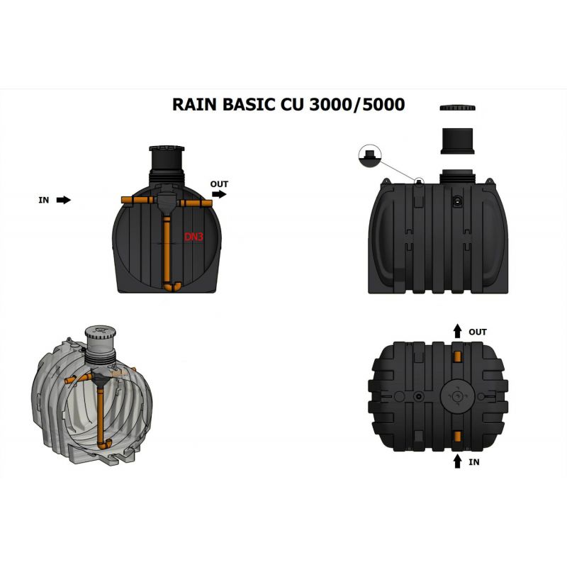 Cuve 3000L enterrée de récupération d'eau - Tout équipée - ELBI CU3000 RAIN BASIC