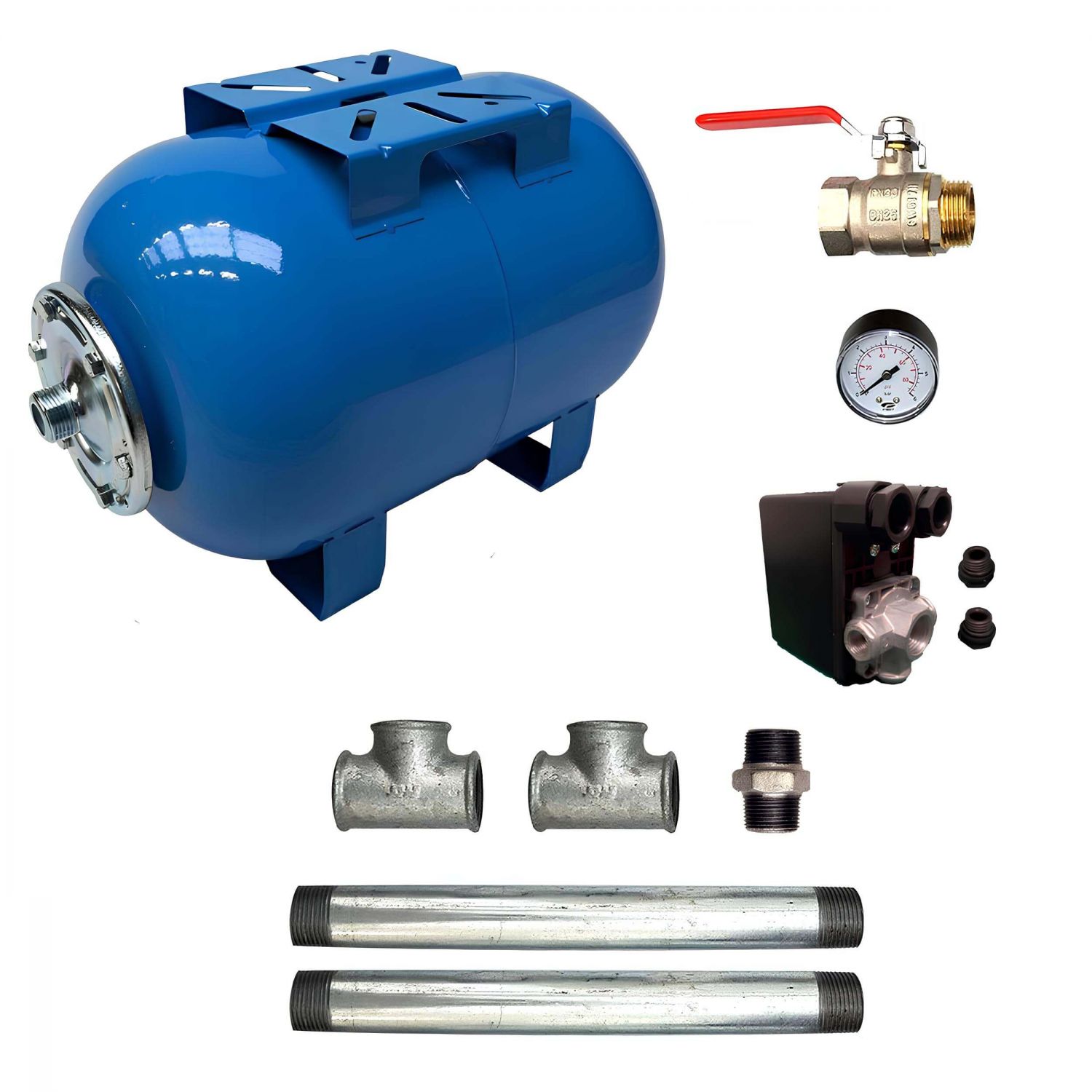 Kit Surpresseur Eau Horizontal 200L - 1"1/4 avec Pressostat et Manomètre