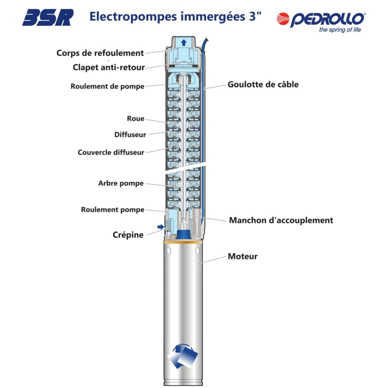 Pompe Immergée Triphasé 380V 3" PEDROLLO 0.55kW 3SR-2/21 1.8 m3/h à 6.8 bars