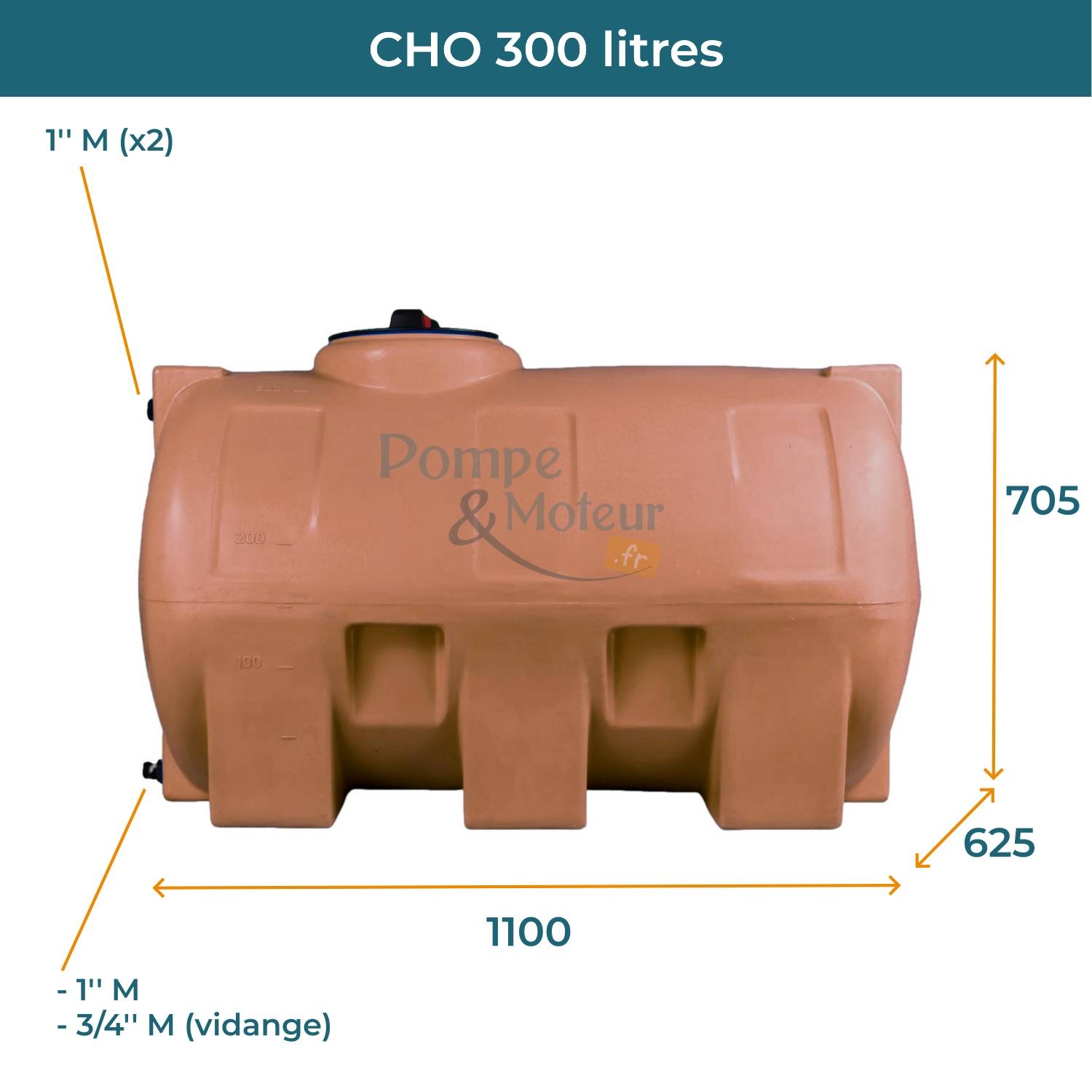 Cuve 300L aérienne de récupération d'eau - Réservoir horizontal terracotta - ELBI CHO300