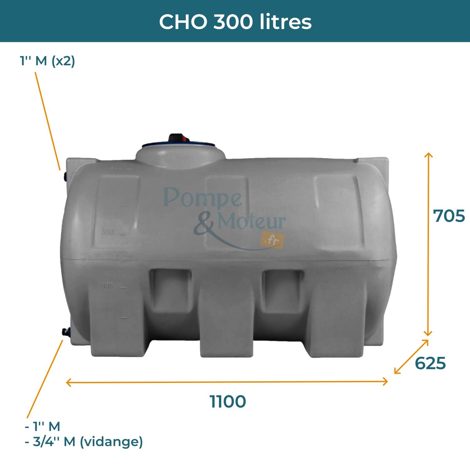 Cuve 300L aérienne de récupération d'eau - Réservoir horizontal gris - ELBI CHO300