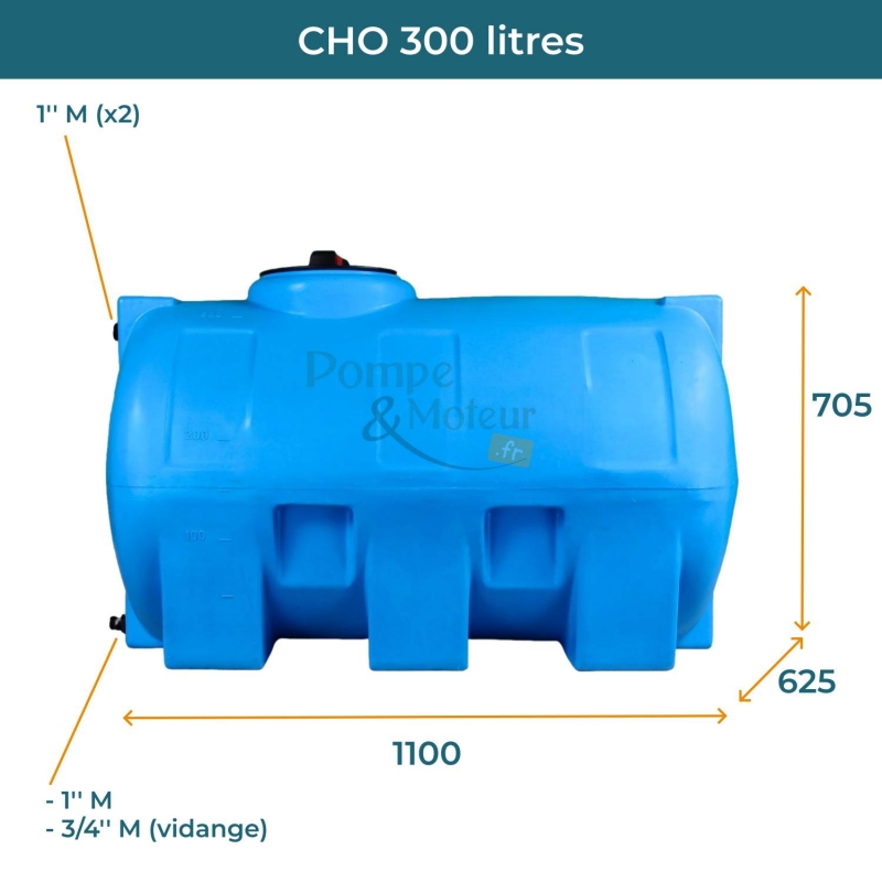 Cuve 300L aérienne de récupération d'eau - Réservoir horizontal bleu - ELBI CHO300