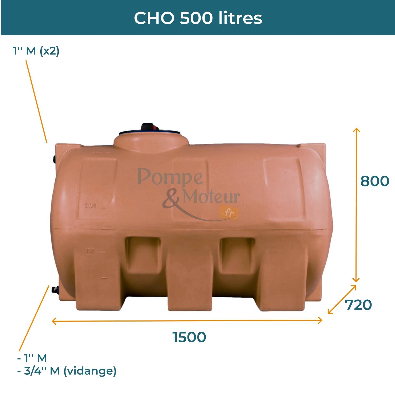 Cuve 500L aérienne de récupération d'eau - Réservoir horizontal terracotta - ELBI CHO500