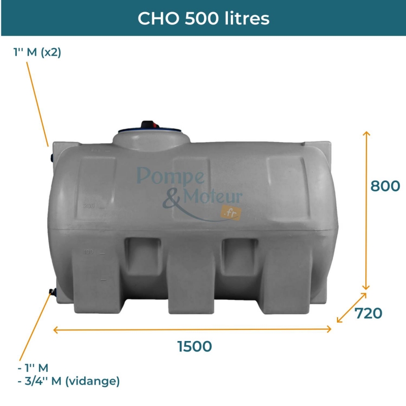 Cuve 500L aérienne de récupération d'eau - Réservoir horizontal gris - ELBI CHO500