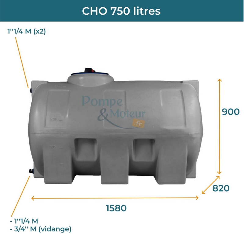 Cuve 750L aérienne de récupération d'eau - Réservoir horizontal gris - ELBI CHO750