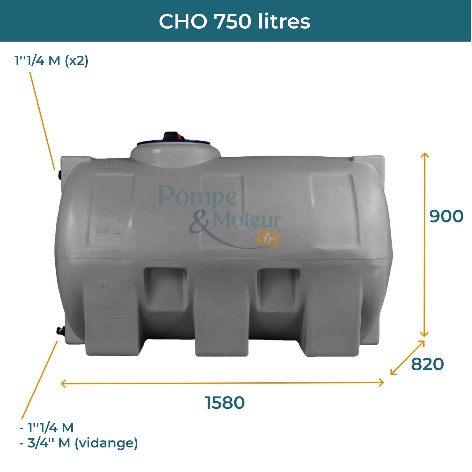 Cuve 750L aérienne de récupération d'eau - Réservoir horizontal gris - ELBI CHO750
