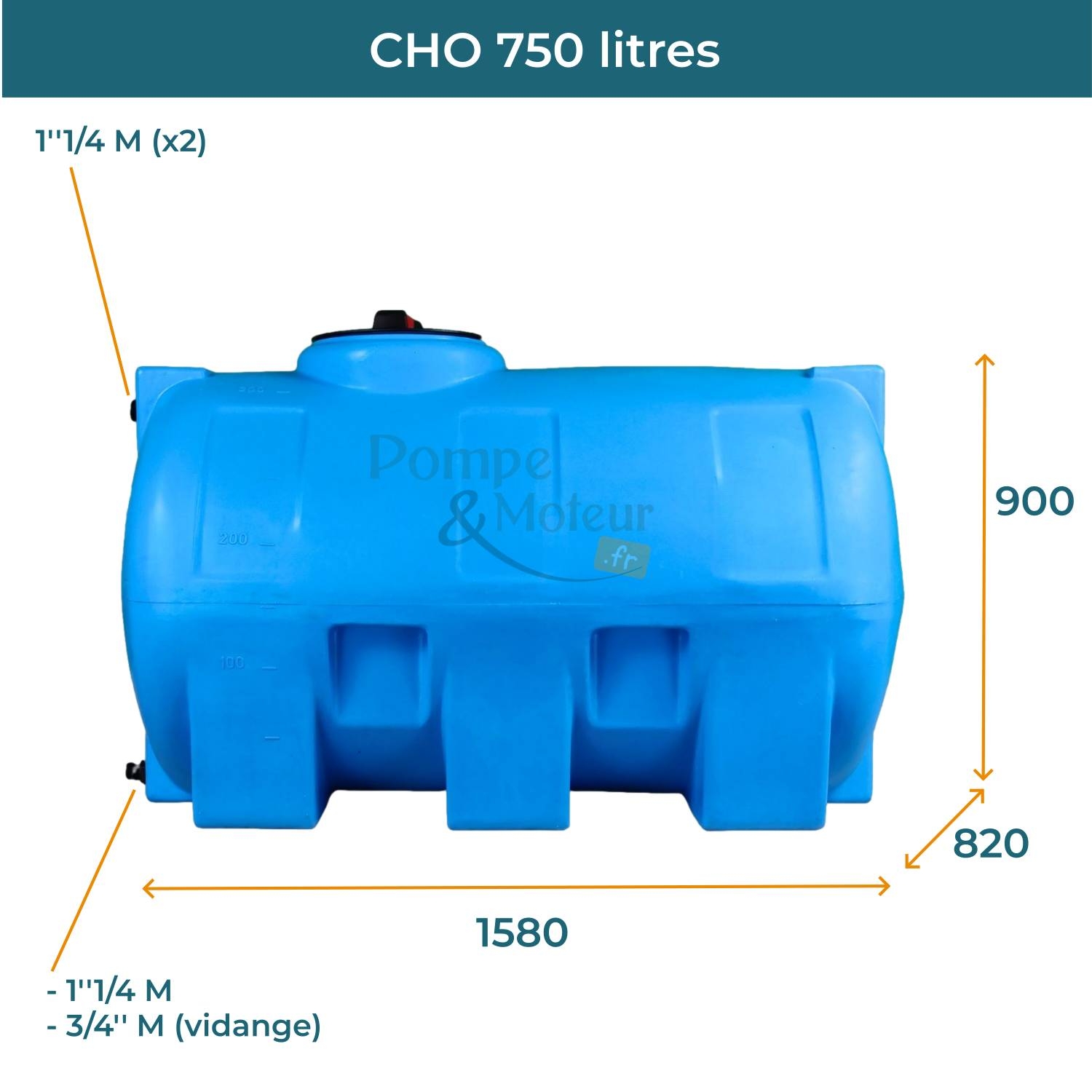 Cuve 750L aérienne de récupération d'eau - Réservoir horizontal bleu - ELBI CHO750