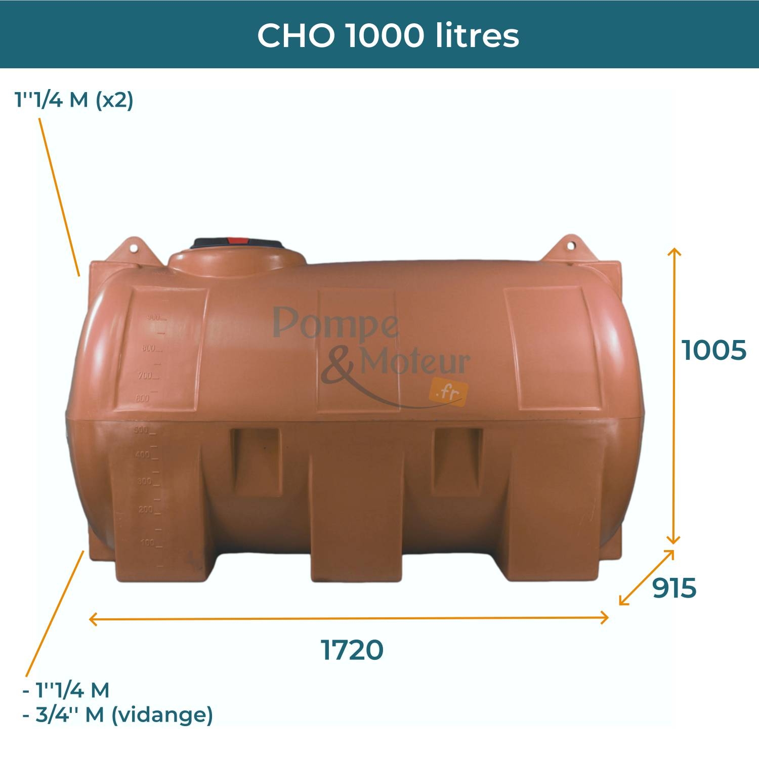 Cuve 1000L aérienne de récupération d'eau - Réservoir horizontal terracotta - ELBI CHO1000