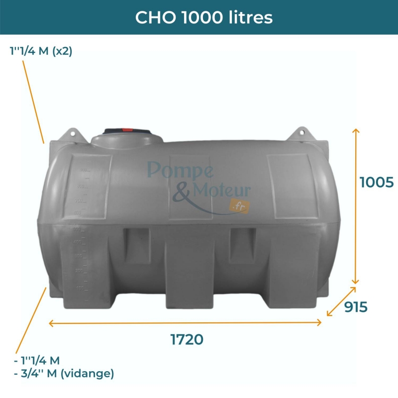 Cuve 1000L aérienne de récupération d'eau - Réservoir horizontal gris - ELBI CHO1000