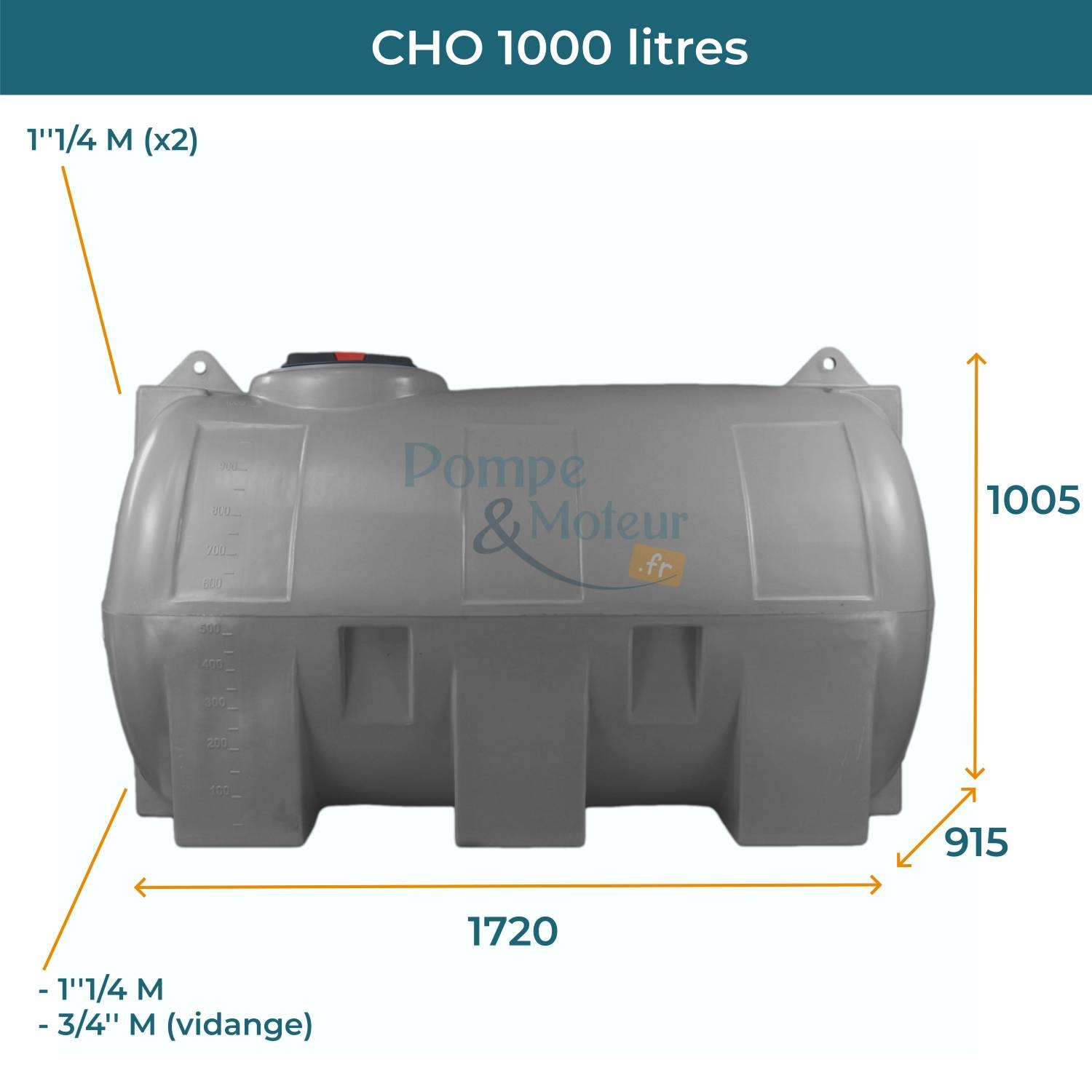 Cuve 1000L aérienne de récupération d'eau - Réservoir horizontal gris - ELBI CHO1000