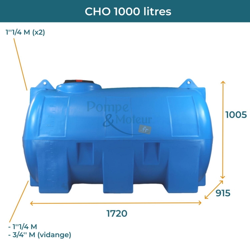 Cuve 1000L aérienne de récupération d'eau - Réservoir horizontal bleu - ELBI CHO1000