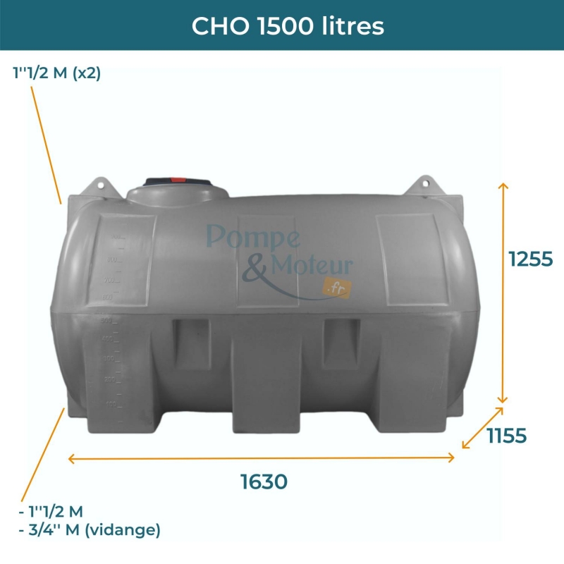 Cuve 1500L aérienne de récupération d'eau - Réservoir horizontal gris - ELBI CHO1500