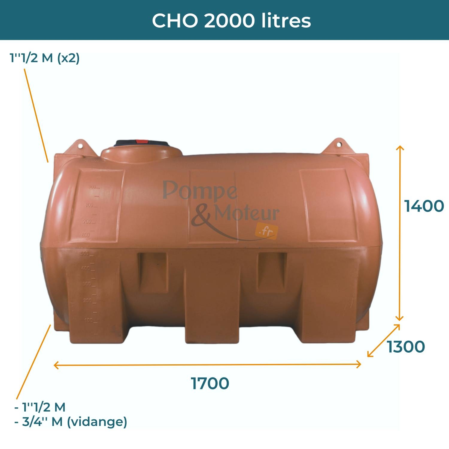 Cuve 2000L aérienne de récupération d'eau - Réservoir horizontal terracotta - ELBI CHO 2000