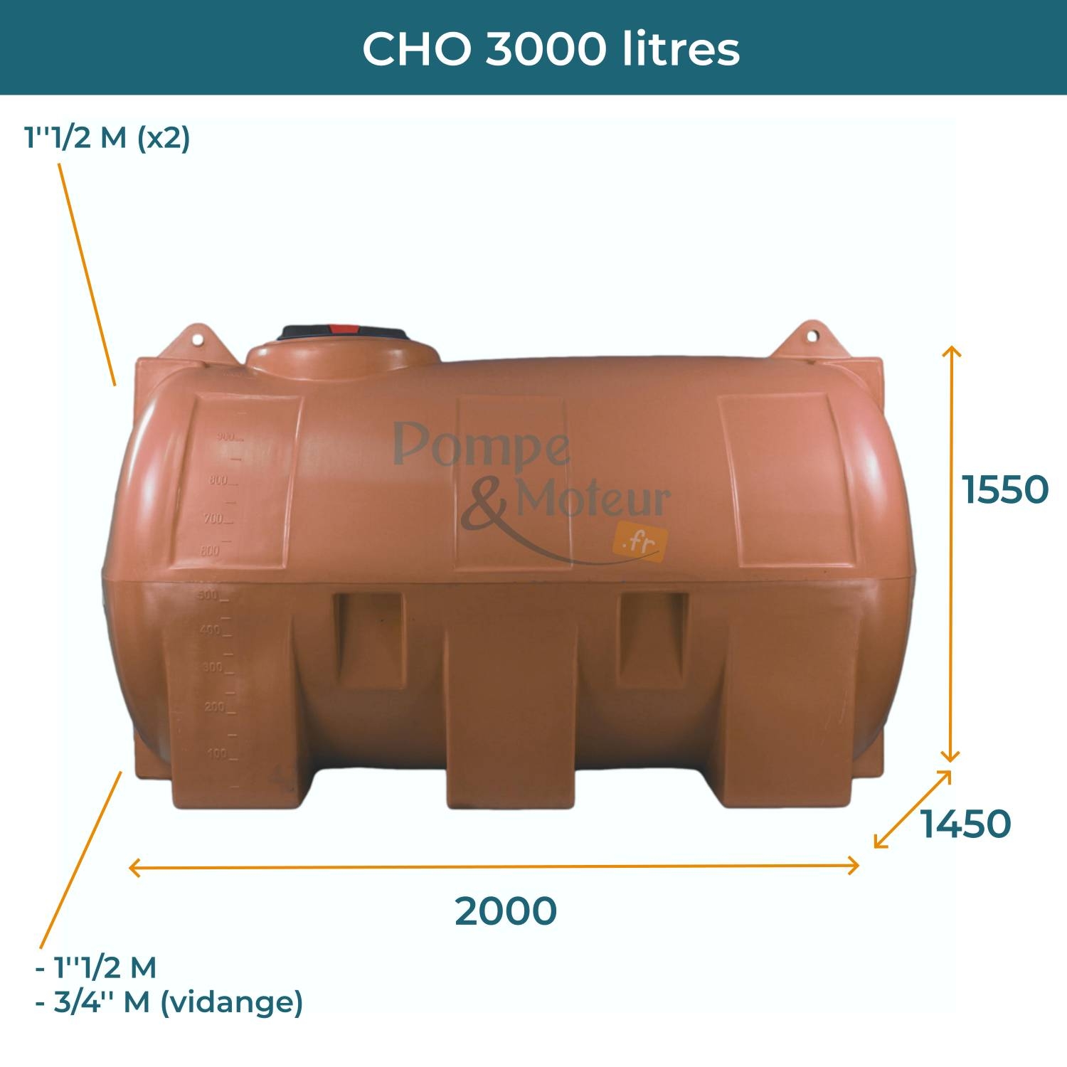 Cuve 3000L aérienne de récupération d'eau - Réservoir horizontal terracotta - ELBI CHO3000