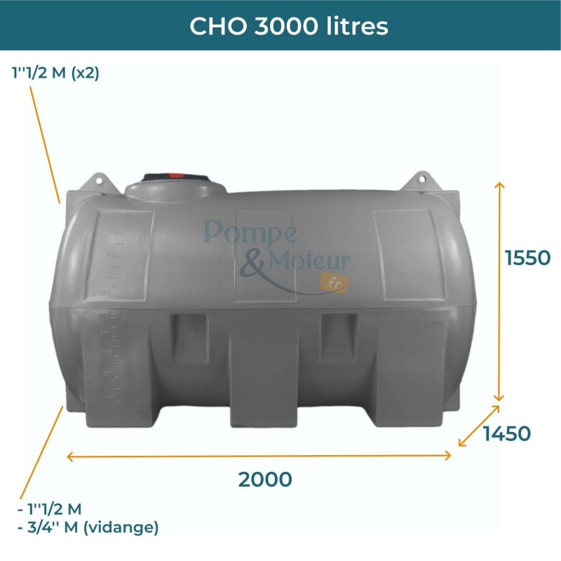 Cuve 3000L aérienne de récupération d'eau - Réservoir horizontal gris - ELBI CHO3000