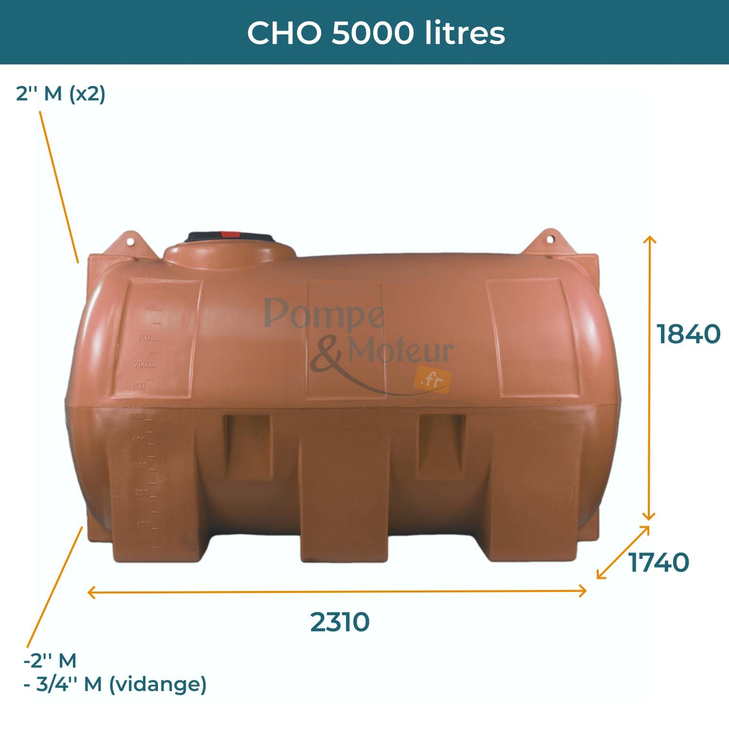 Cuve 5000L aérienne de récupération d'eau - Réservoir horizontal terracotta - ELBI CHO5000