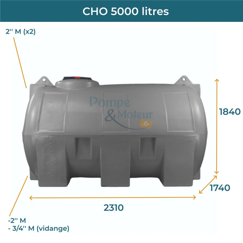 Cuve 5000L aérienne de récupération d'eau - Réservoir horizontal gris - ELBI CHO5000