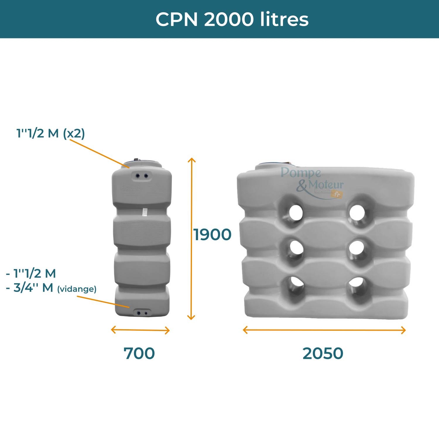 Cuve 2000L aérienne de récupération d'eau - Réservoir compact gris - ELBI CPN2000