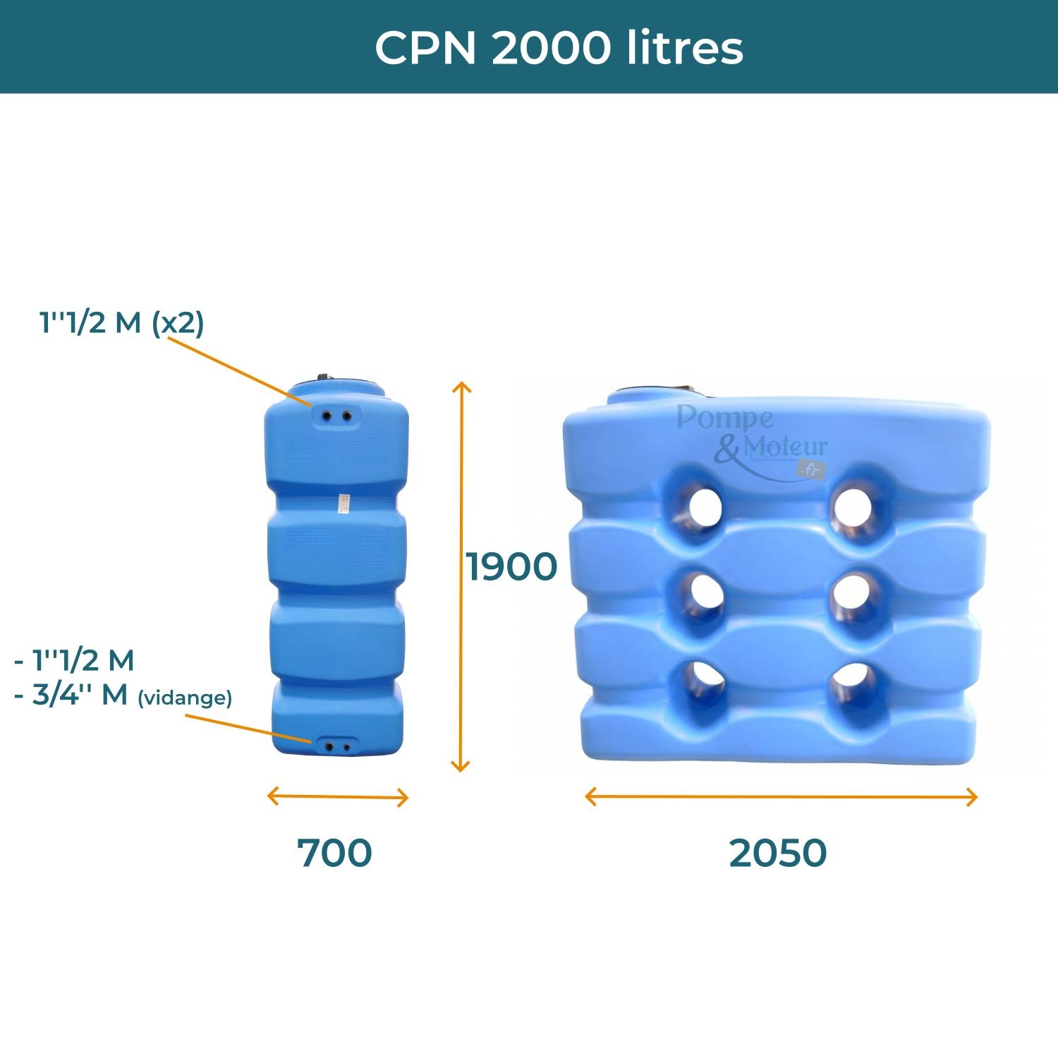 Cuve 2000L aérienne de récupération d'eau - Réservoir compact bleu - ELBI CPN2000