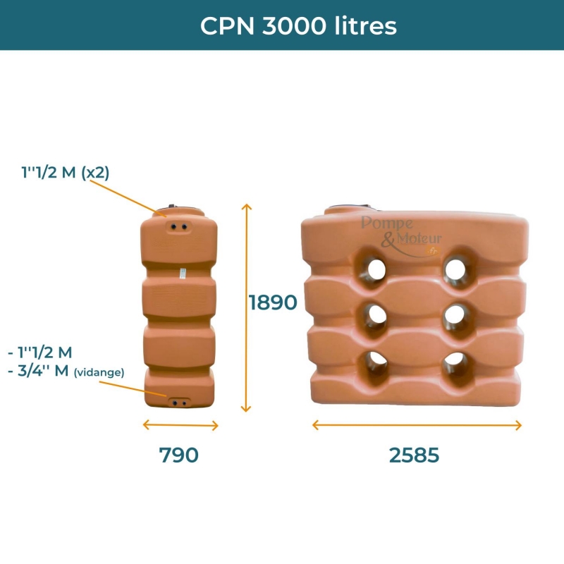 Cuve 3000L aérienne de récupération d'eau - Réservoir compact terracotta - ELBI CPN3000