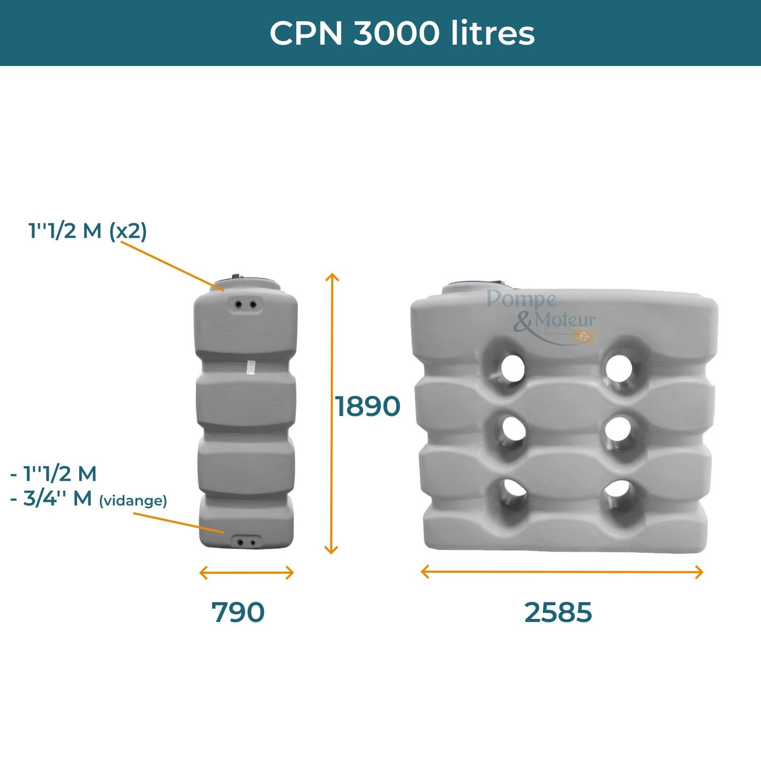 Cuve 3000L aérienne de récupération d'eau - Réservoir compact gris - ELBI CPN3000