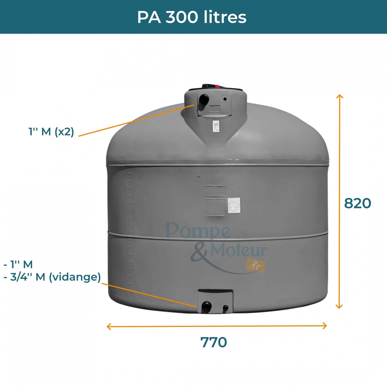 Cuve 300L aérienne de récupération d'eau - Réservoir cylindrique gris - ELBI PA300
