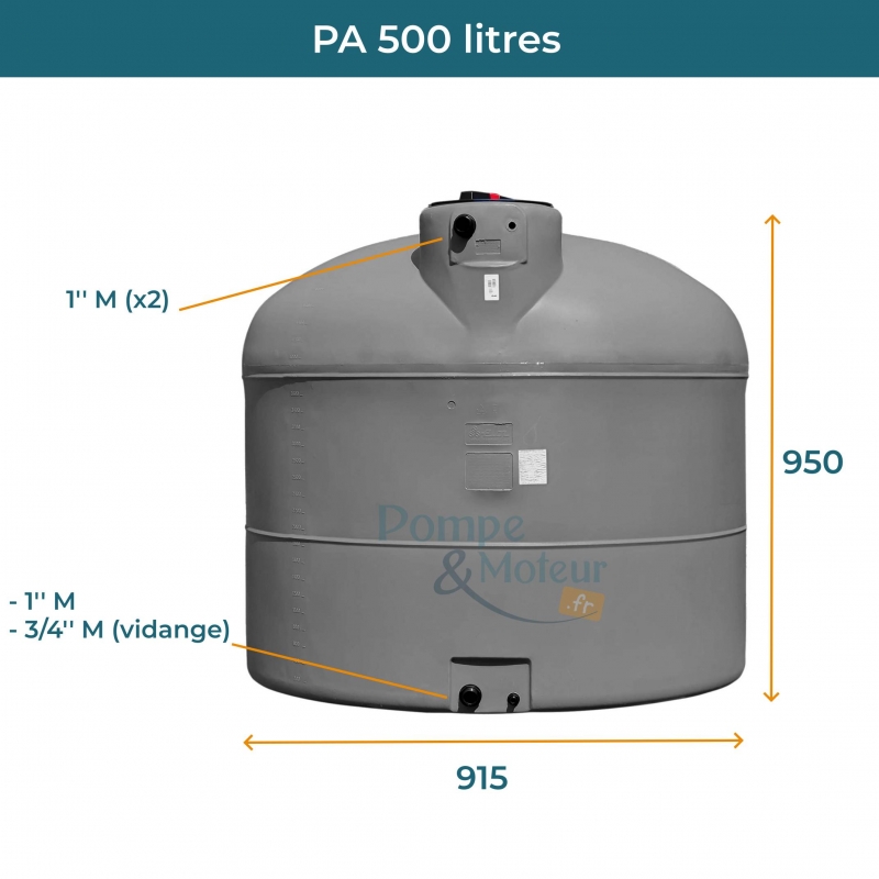 Cuve 500L aérienne de récupération d'eau - Réservoir cylindrique gris - ELBI PA500