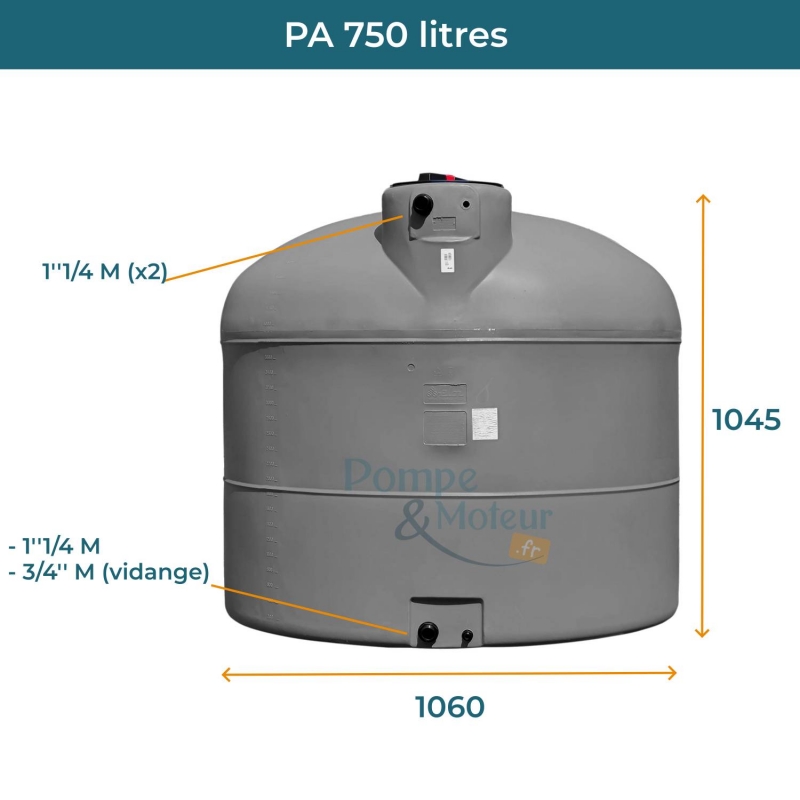 Cuve 750L aérienne de récupération d'eau - Réservoir cylindrique gris - ELBI PA750