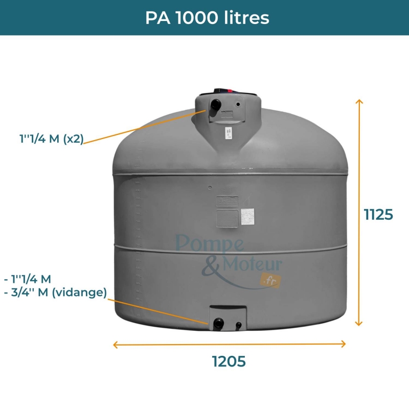 Cuve 1000L aérienne de récupération d'eau - Réservoir cylindrique gris - ELBI PA1000