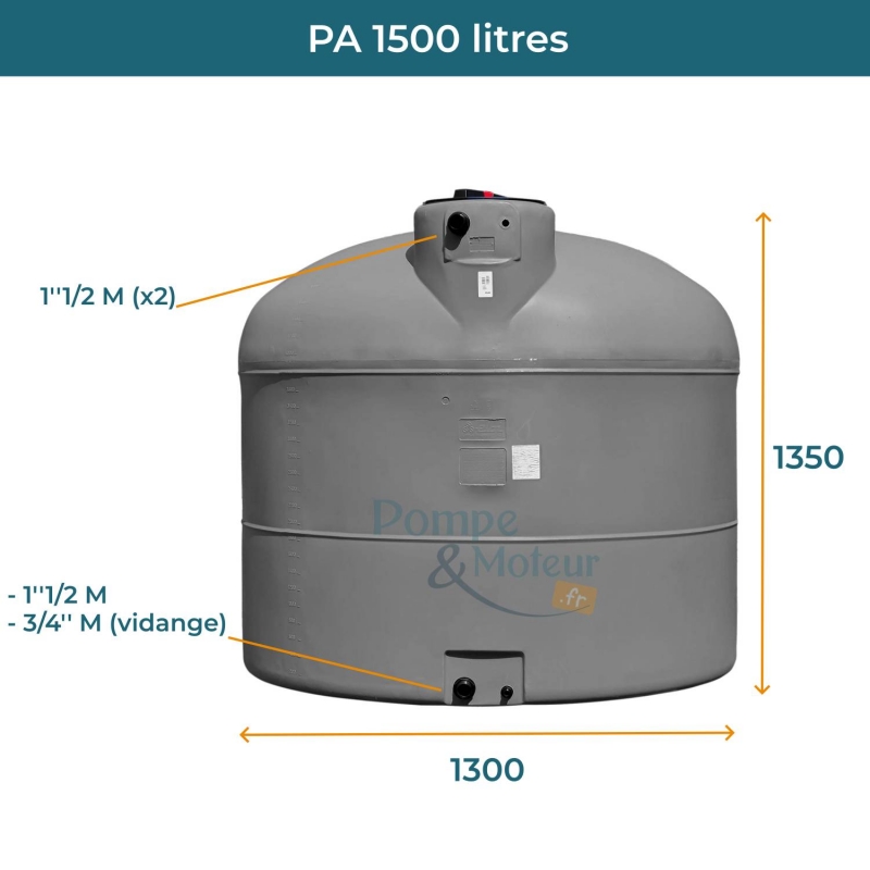 Cuve 1500L aérienne de récupération d'eau - Réservoir cylindrique gris - ELBI PA1500
