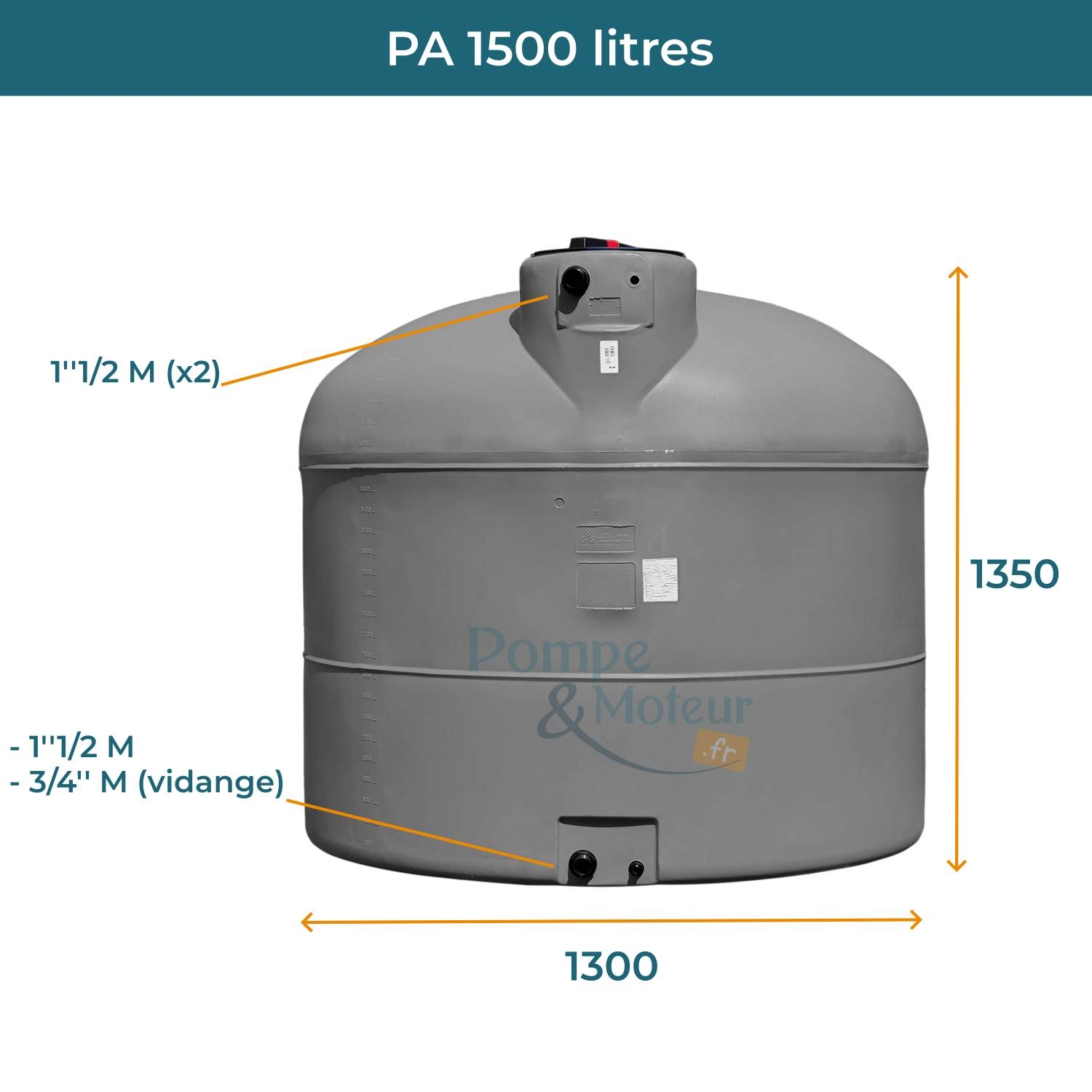 Cuve 1500L aérienne de récupération d'eau - Réservoir cylindrique gris - ELBI PA1500