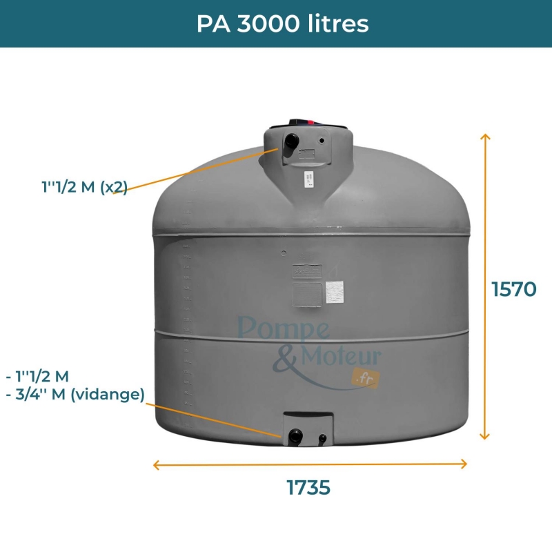 Cuve 3000L aérienne de récupération d'eau - Réservoir cylindrique gris - ELBI PA3000