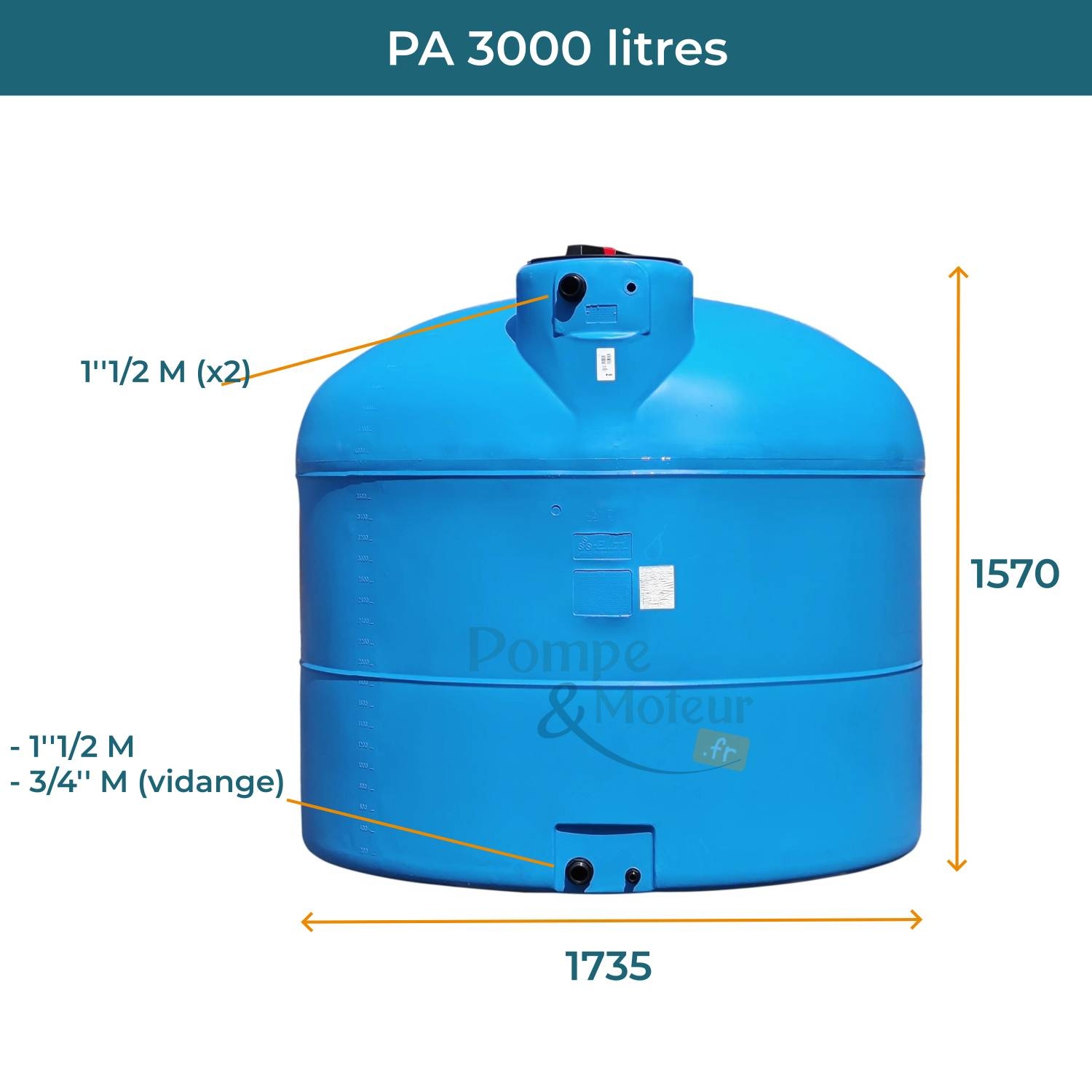 Cuve 3000L aérienne de récupération d'eau - Réservoir cylindrique bleu - ELBI PA3000