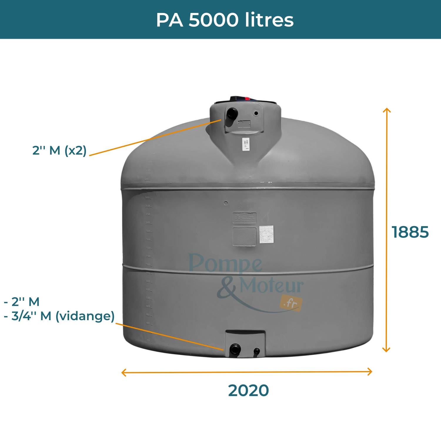 Cuve 5000L aérienne de récupération d'eau - Réservoir cylindrique gris - ELBI PA5000