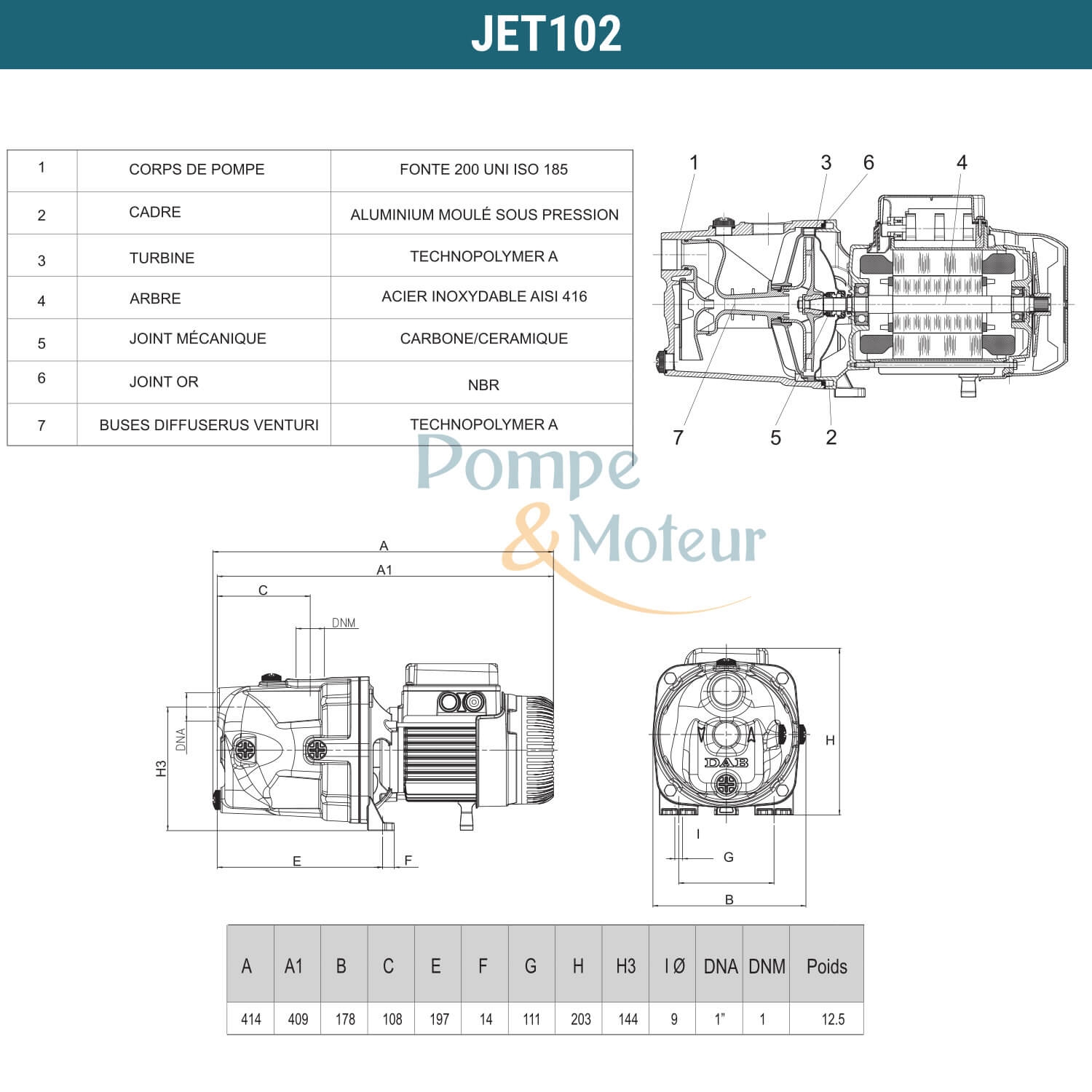 Pompe DAB JET 102 M - 0.75 kW 3.6 m3/h 220V - Pompe de surface auto amorçante DAB
