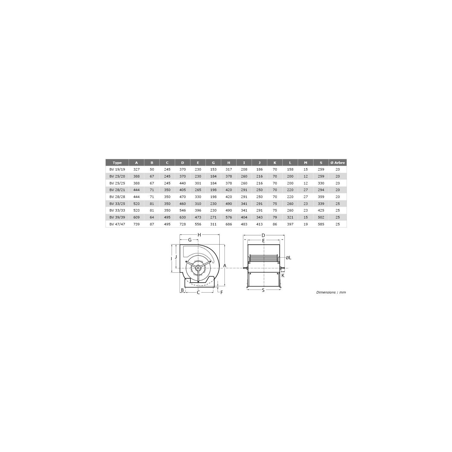 Ventilateur double ouïe à action arbre nu BV Ø2525